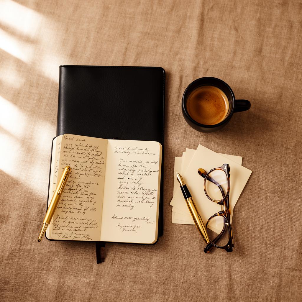 Editorial Stilleben: schwarzes Notizbuch mit handschriftlichen Notizen, Espresso, Füller und Brille auf Leinen — Symbol für strukturierte Finanzplanung.