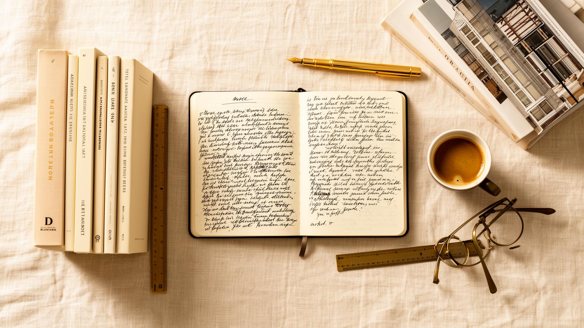 Overhead Flat Lay: aufgeschlagenes Notizbuch, Füller, Espresso — Strategie in Arbeit.