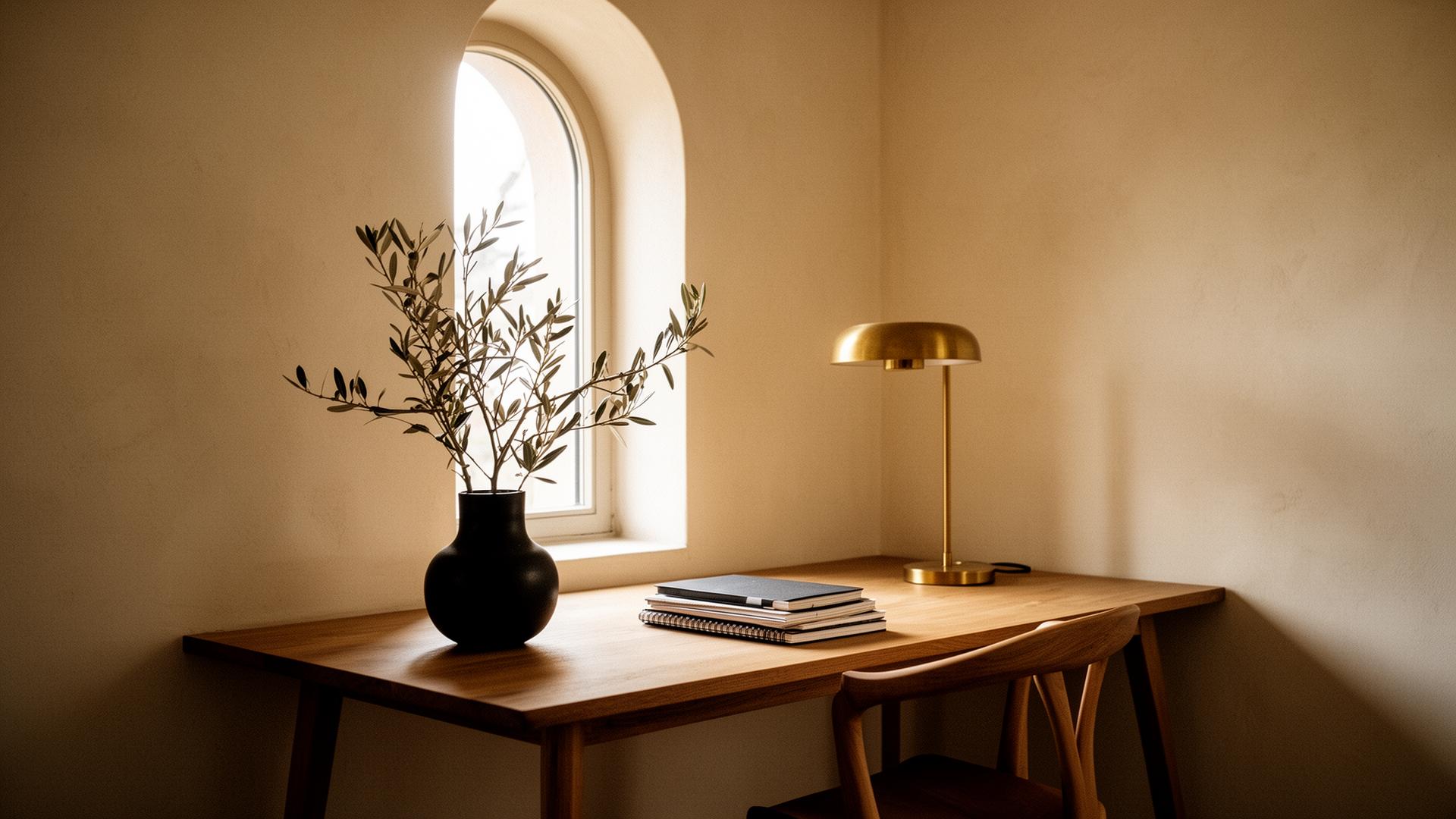 ALIGN. Studio Heidelberg — ruhiger Arbeitsraum mit Bogenfenster, Eichenholz-Schreibtisch und Olivenzweig.